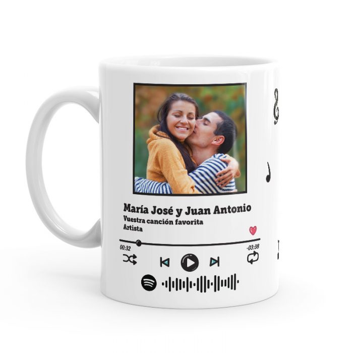 regalos enamorados que no falla, taza con vuestra canción espotify